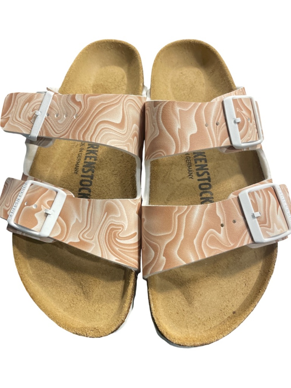 Birkenstock Tan Swirl Arizona Sandals with White Buckles
